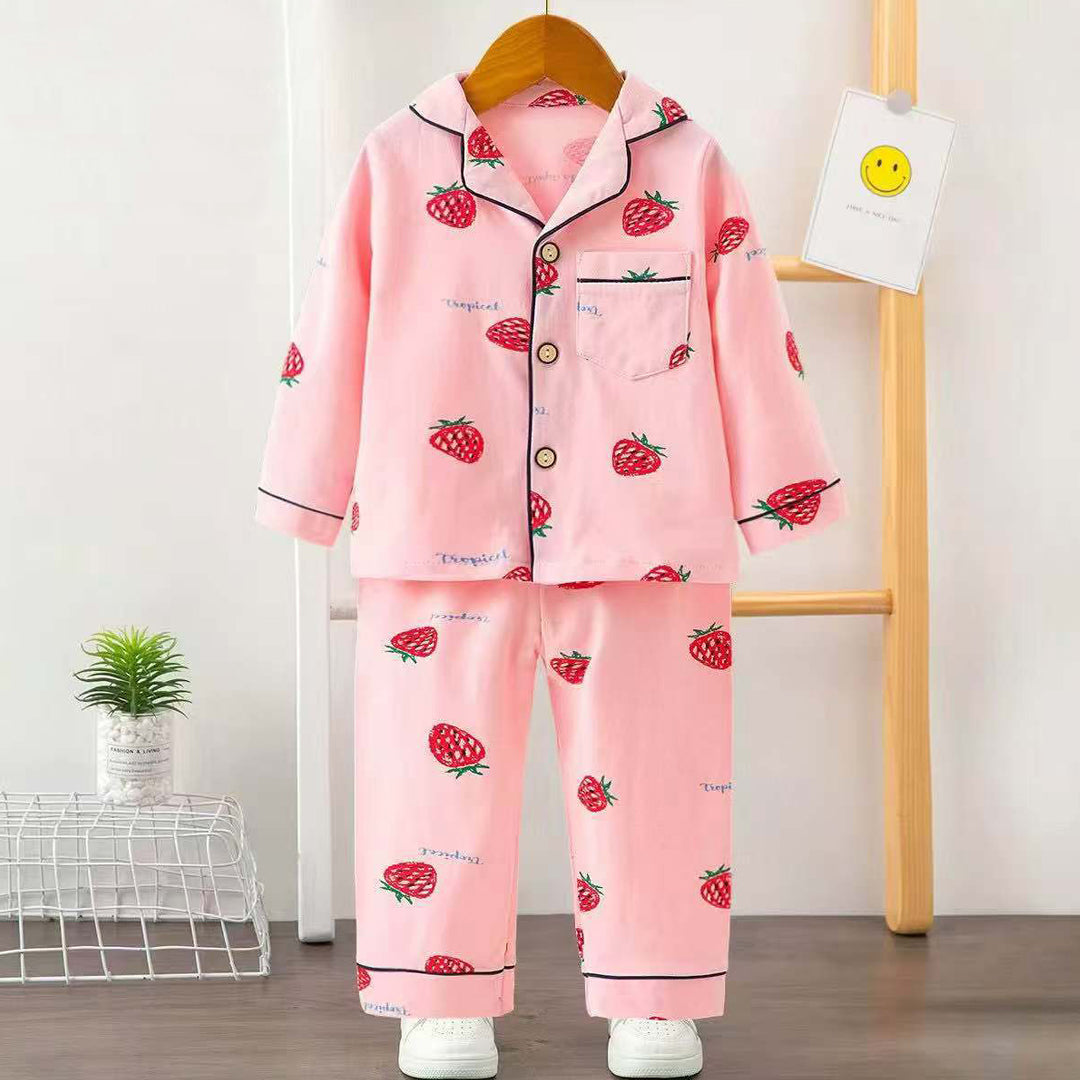 Girls Printed Strawberry Nightsuit- Pink