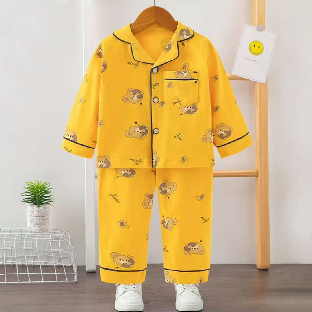Kids Unisex Printed Bear Night suit - Yellow