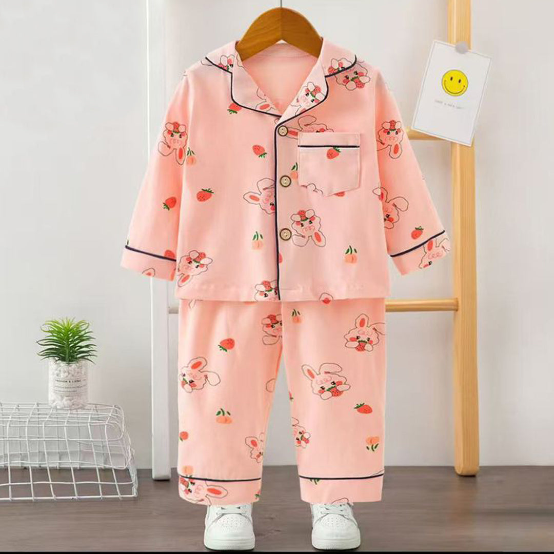Girls Printed Rabbit Strawberry Nightsuit- Pink