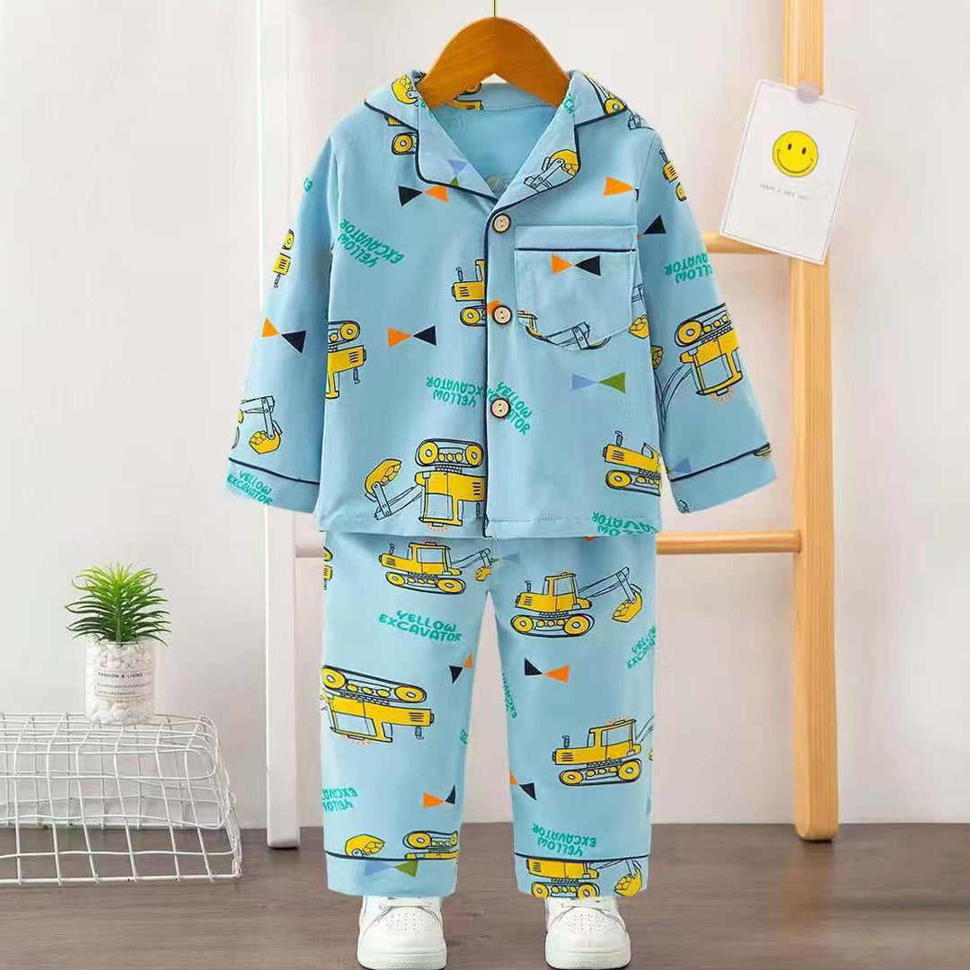 Boys Printed Tractors Nightsuit - Skyblue