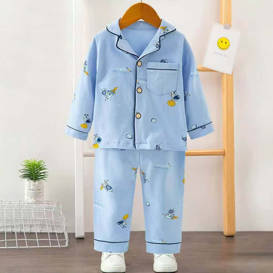 Boys Printed Rockets Nightsuit - Sky Blue