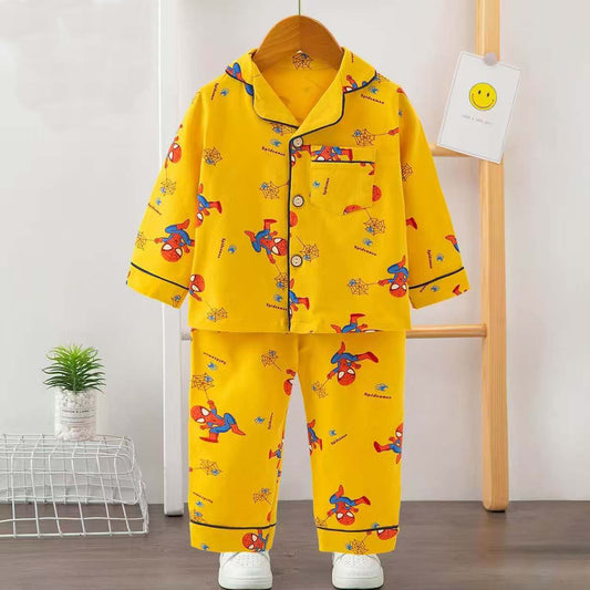 Boys Printed Spiderman Nightsuit - Yellow