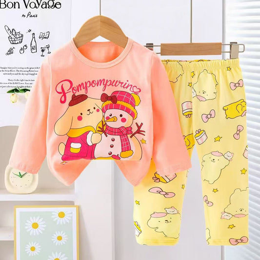 Girls Pompom Pajama Suit 2 Piece - Pink & Yellow
