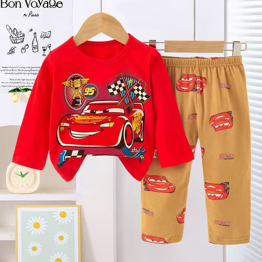 Boys Cars Pajama Suit 2 Piece - Red & Brown