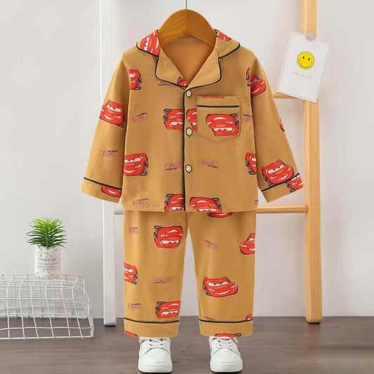 Boys Printed Car Nightsuit - Brown
