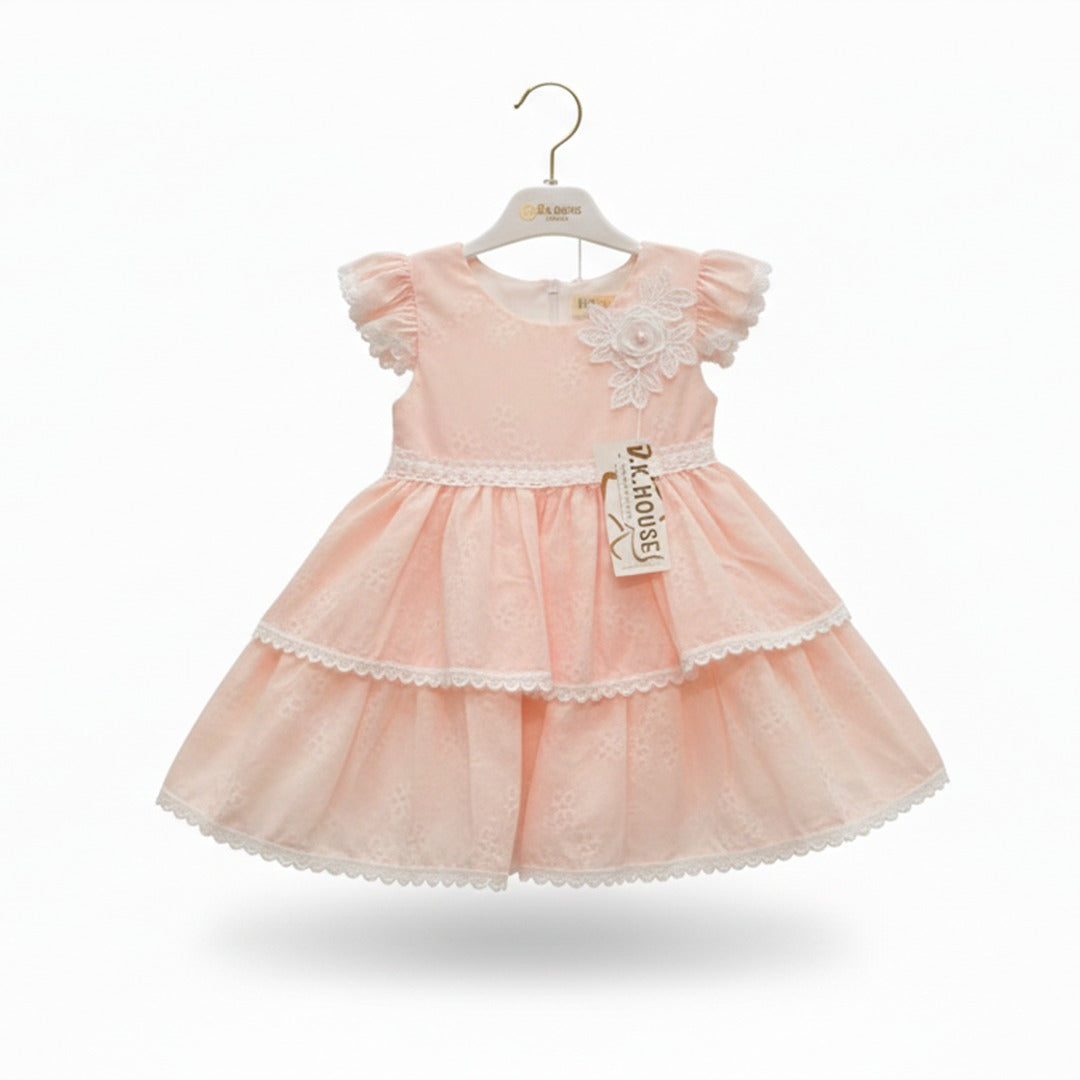 Girls Cotton Fancy Frock With Jeggings-Peach