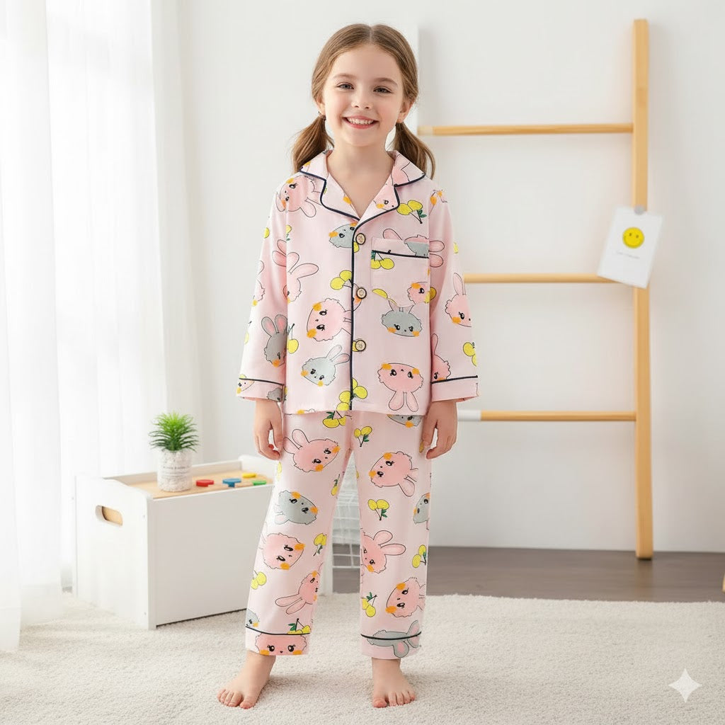 Girls Printed Nightsuit Rabbit - Pink