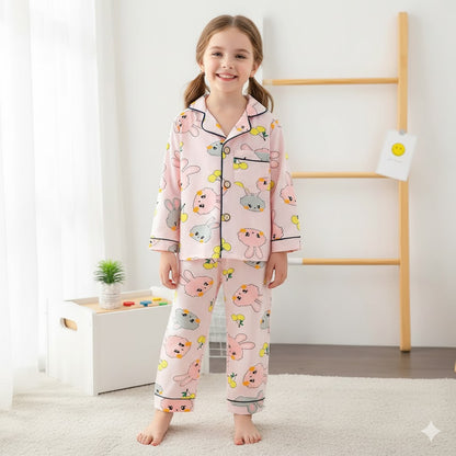 Girls Printed Nightsuit Rabbit - Pink